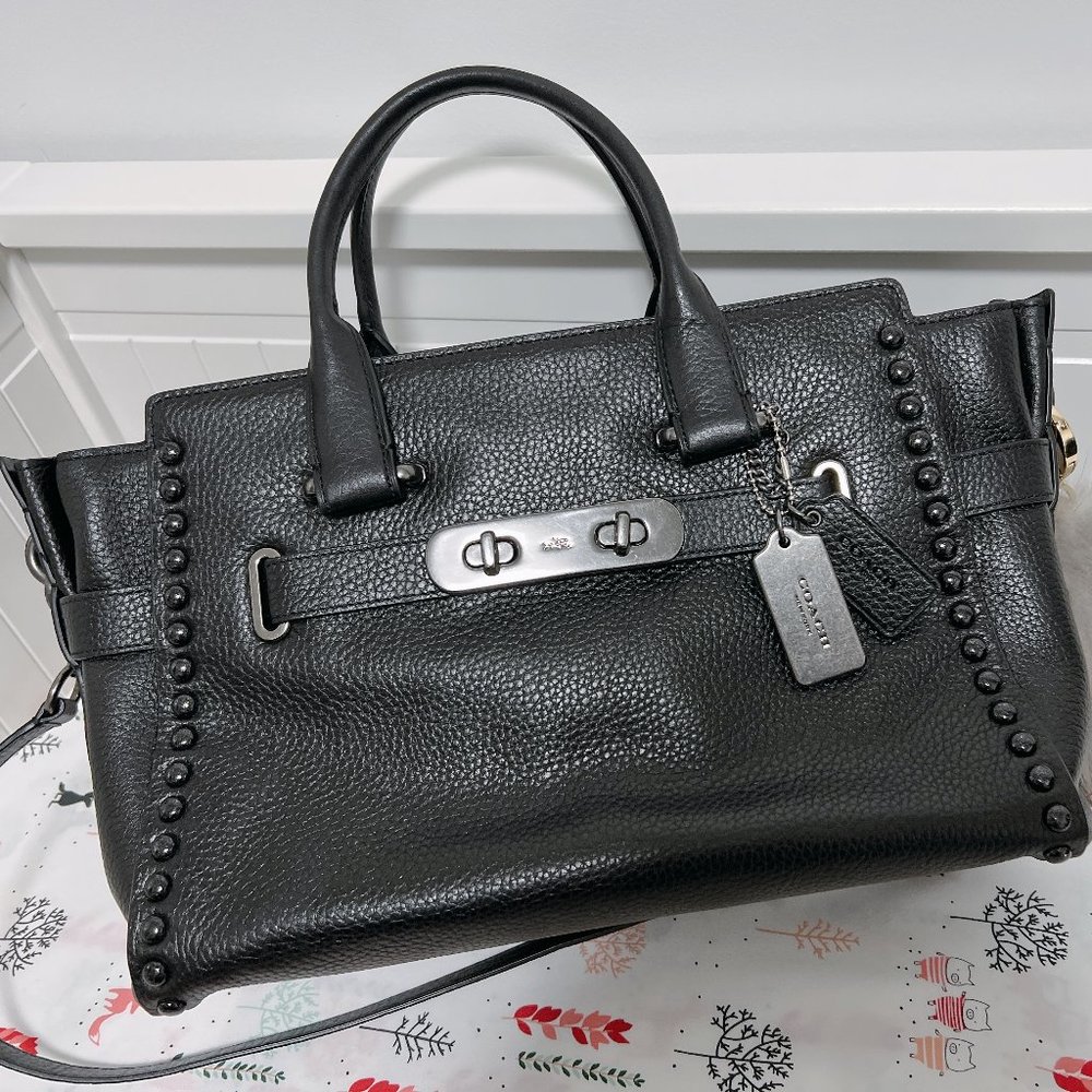 Coach Black Pebbled Leather Satchel with Stud Detailing